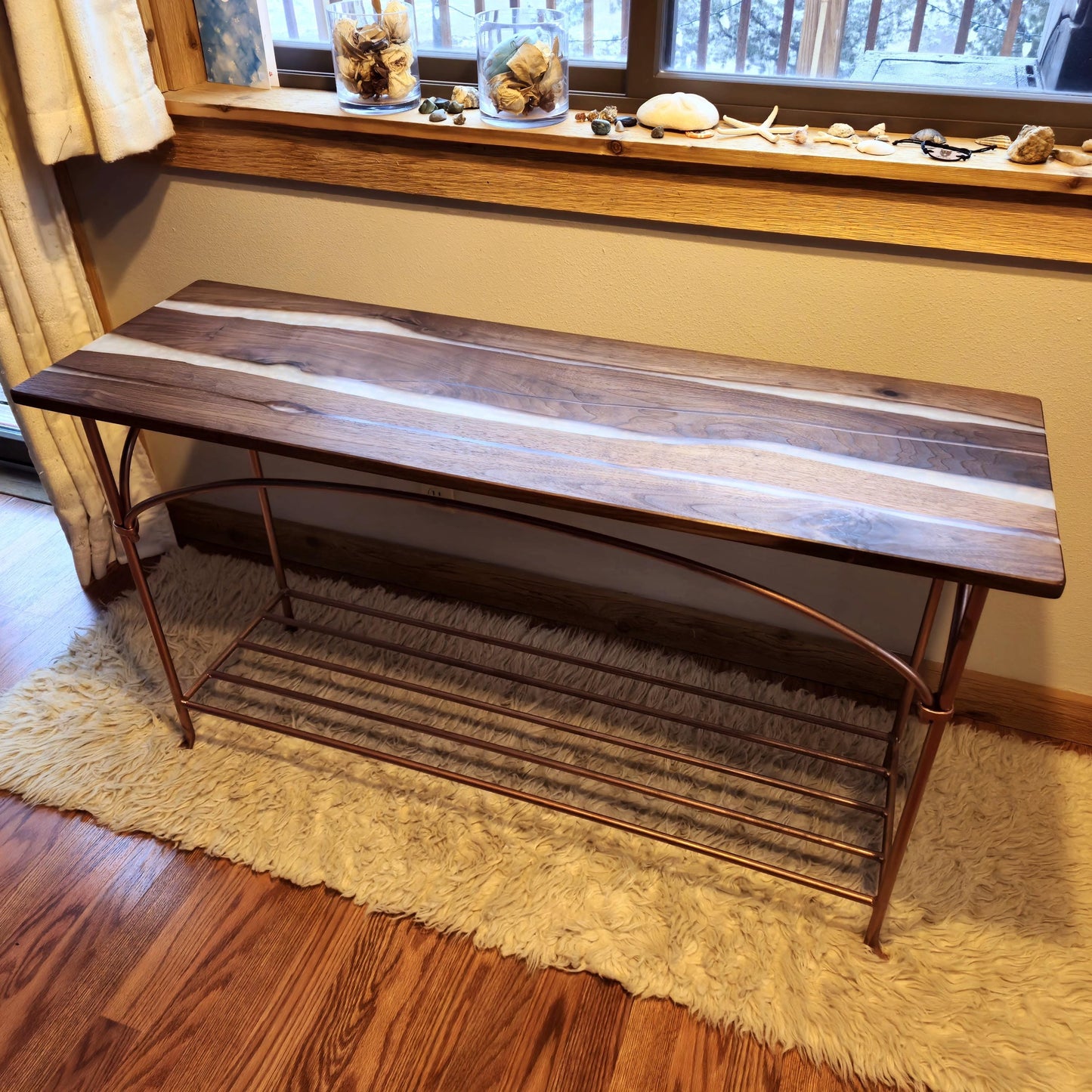 Wrought Iron & Walnut Entryway Table - Copper Opal Epoxy River Resin - Handmade in America