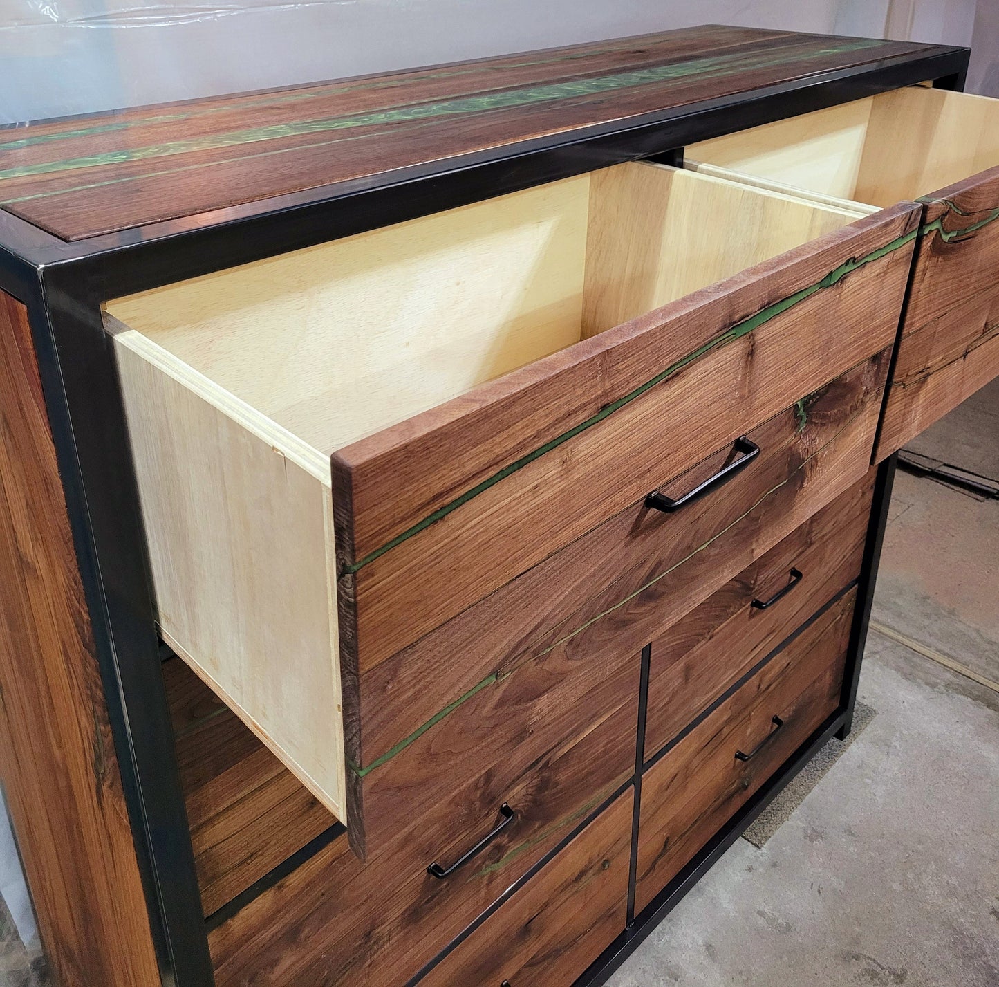 Start a Custom Order! - Hand Built Oversized 8 Drawer Dresser including Colored Epoxy - American Walnut & Real Steel