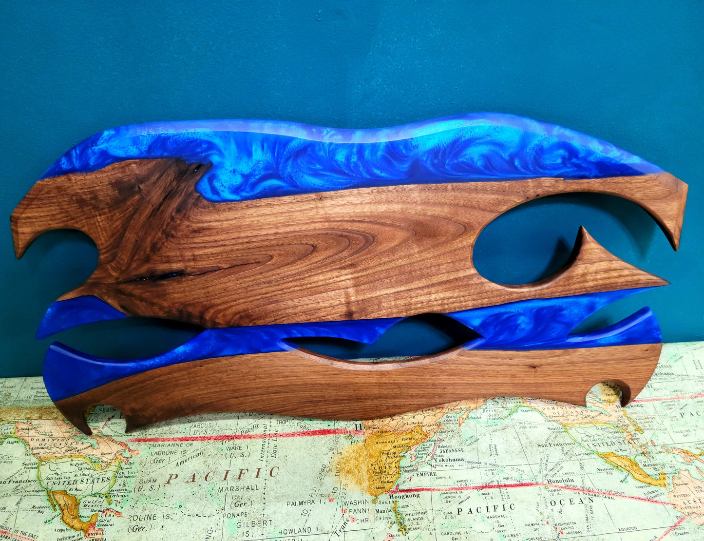 Ready to Ship! Ocean Blue Epoxy Resin Wave/Axe Art with American Black Walnut Wood and Display