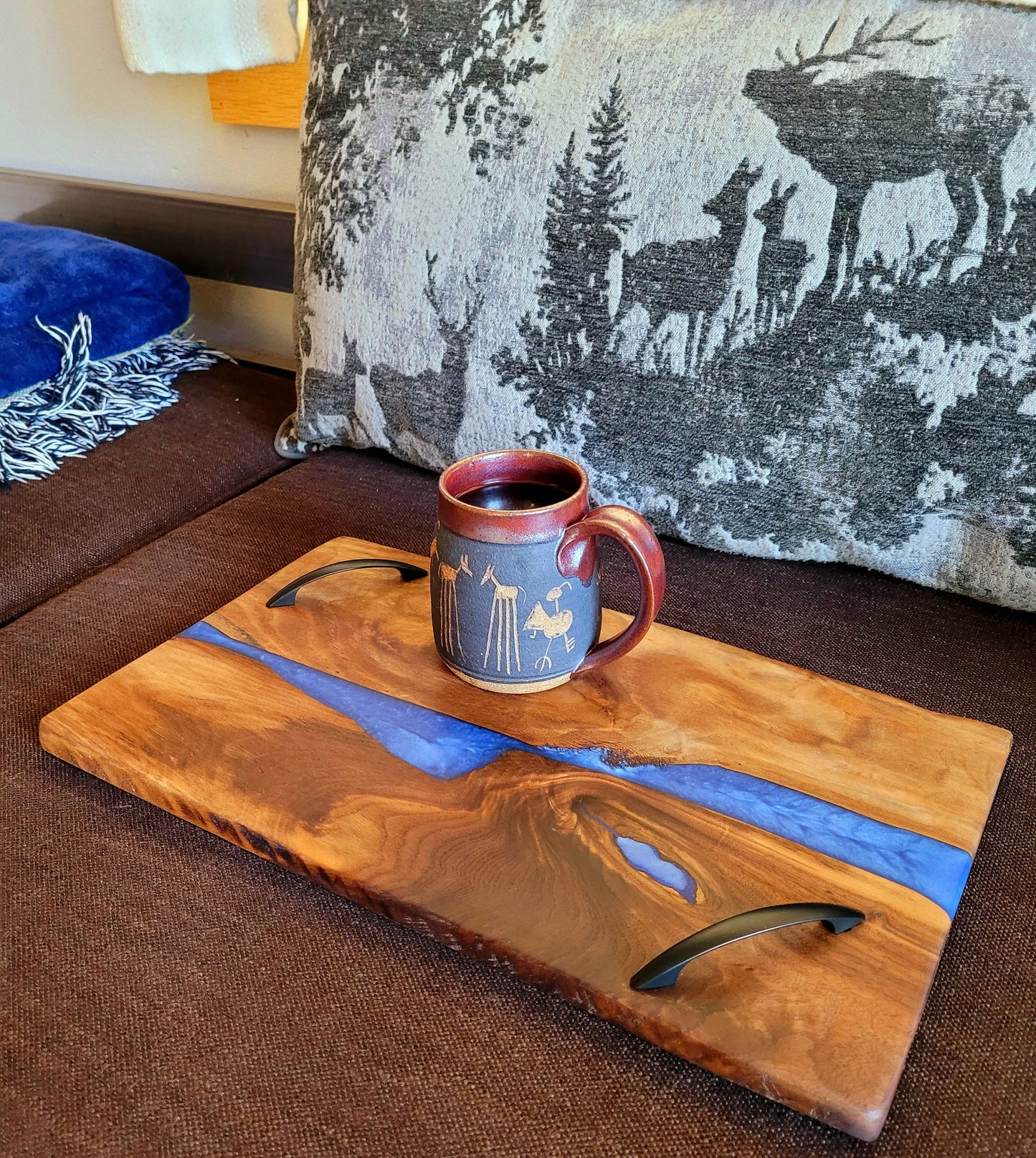 Made to Order! - Diamond Deep Sea Blue & Black Walnut Serving Tray Cutting Board