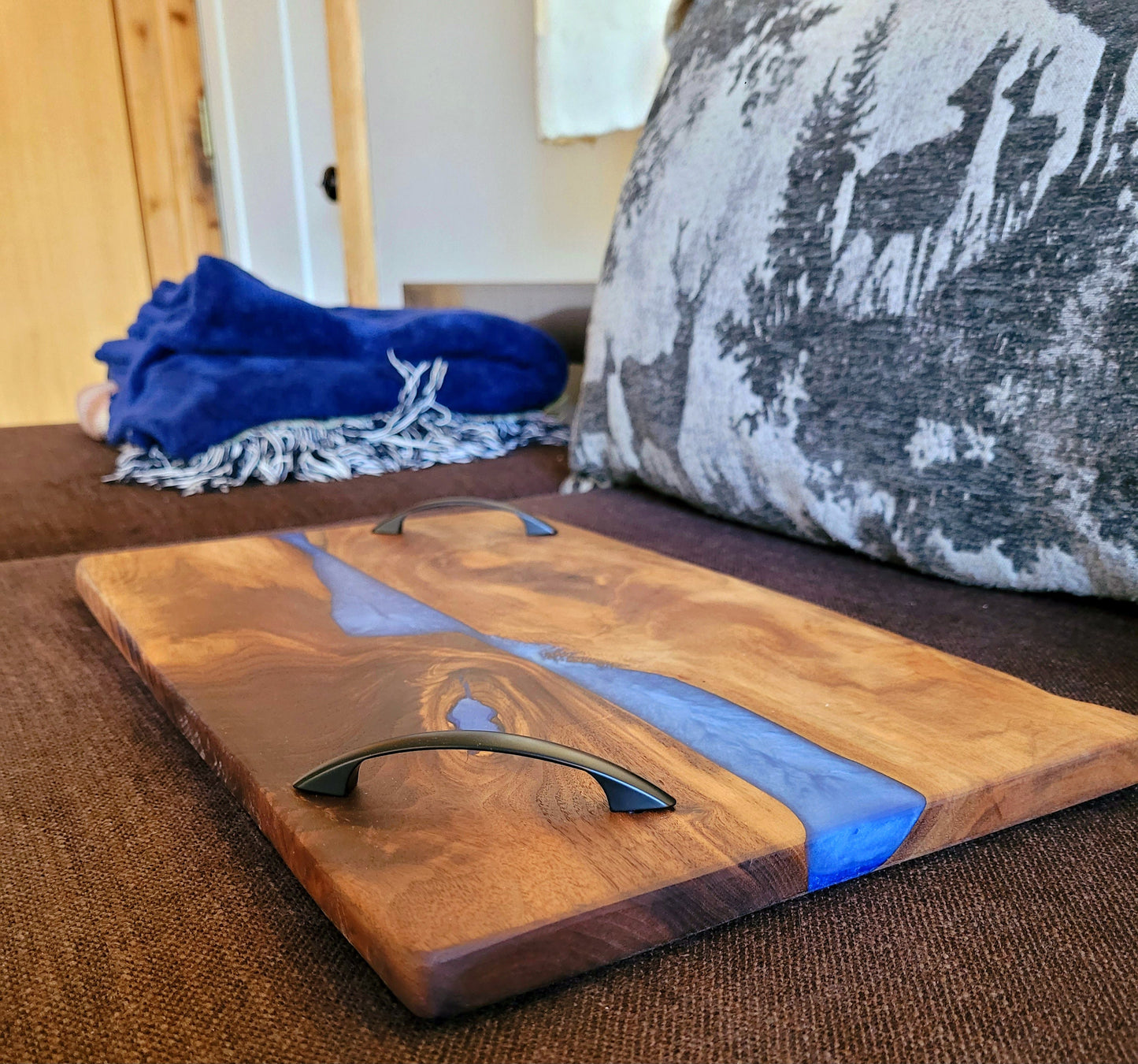 Made to Order! - Diamond Deep Sea Blue & Black Walnut Serving Tray Cutting Board