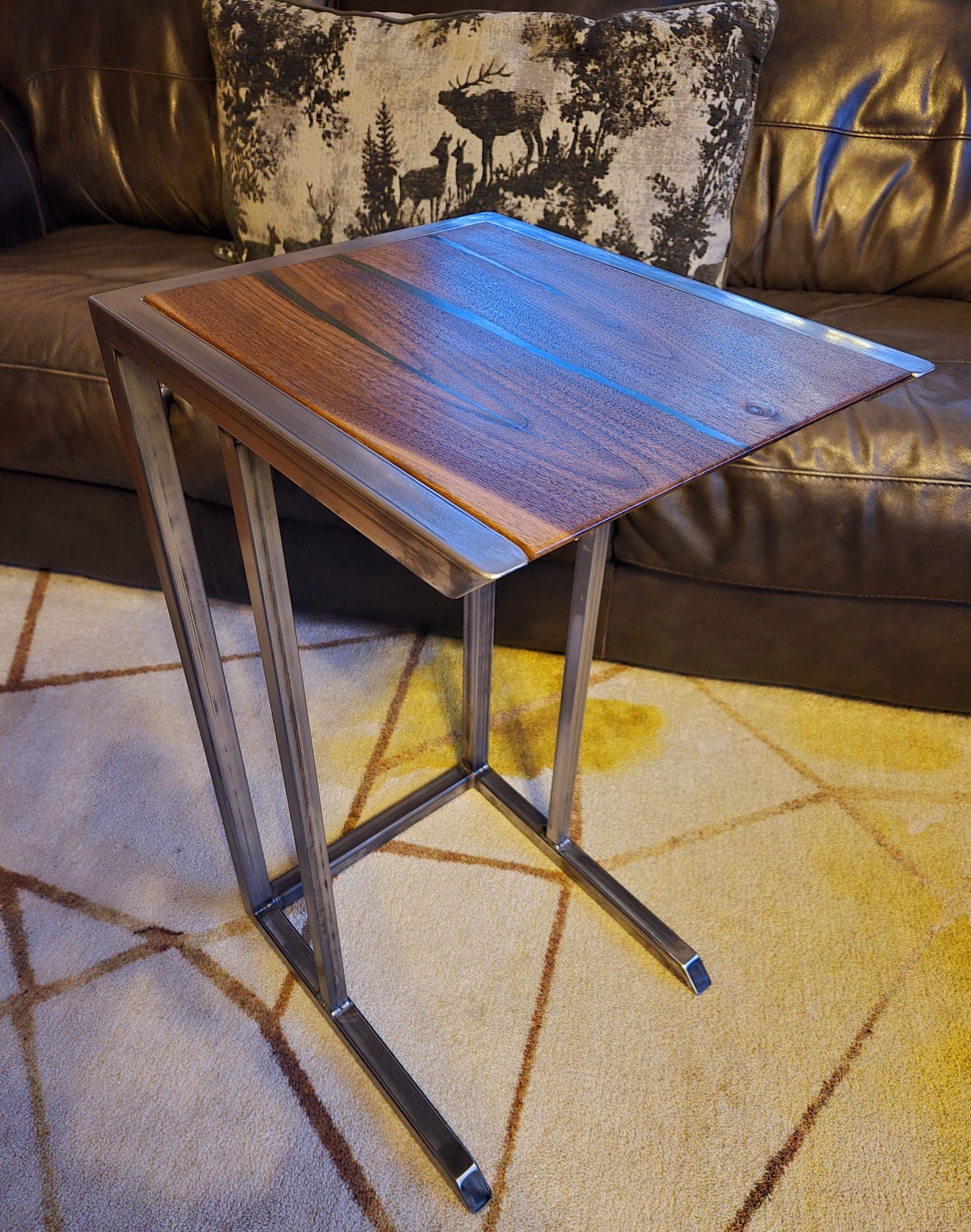 C-Side Table - Handmade Real Steel & American Walnut with Emerald Epoxy