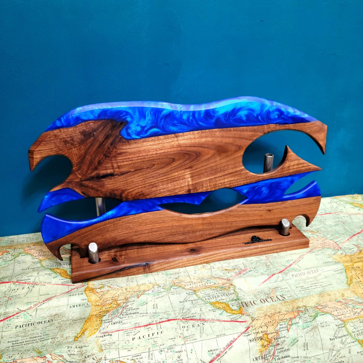 Ready to Ship! Ocean Blue Epoxy Resin Wave/Axe Art with American Black Walnut Wood and Display
