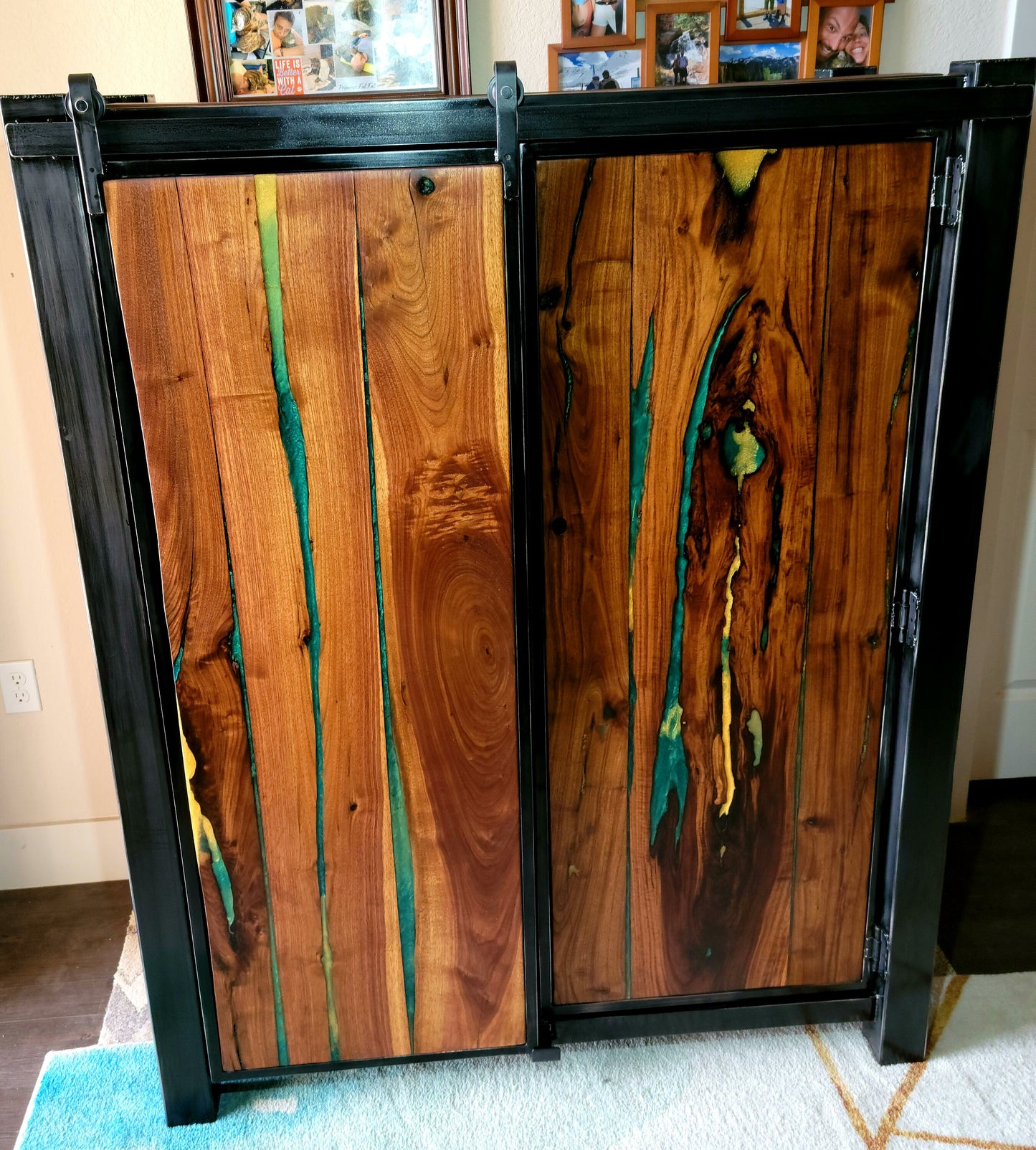 Barndoor Dresser - Liqour Cabinet - American Black Walnut & Epoxy Inlay - Handmade in USA