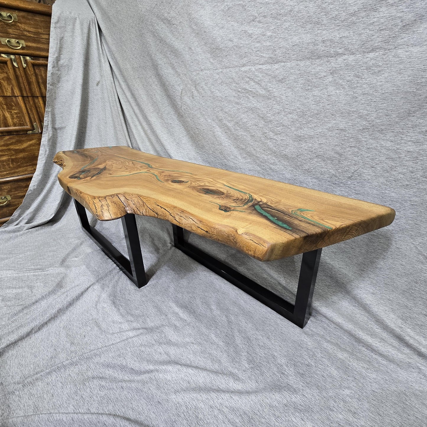 Live Edge Oak Coffee Table Golden Green Epoxy Gloss Black Legs