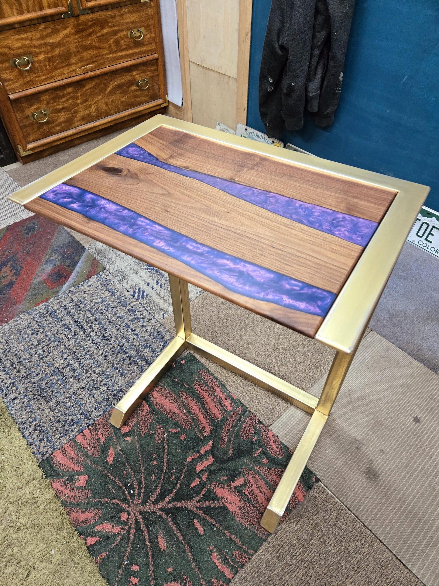 C-Side Table - Handmade Real Steel & American Walnut with Kamenbudokai epoxy