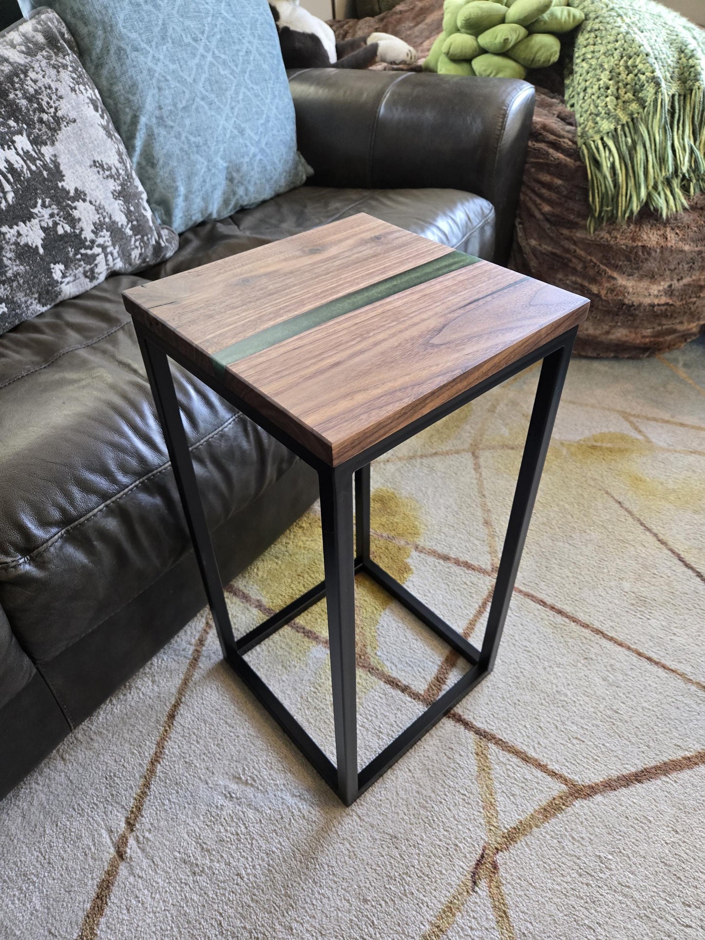 New Side Table - Handmade Real Steel & American Walnut with Moss Green Epoxy