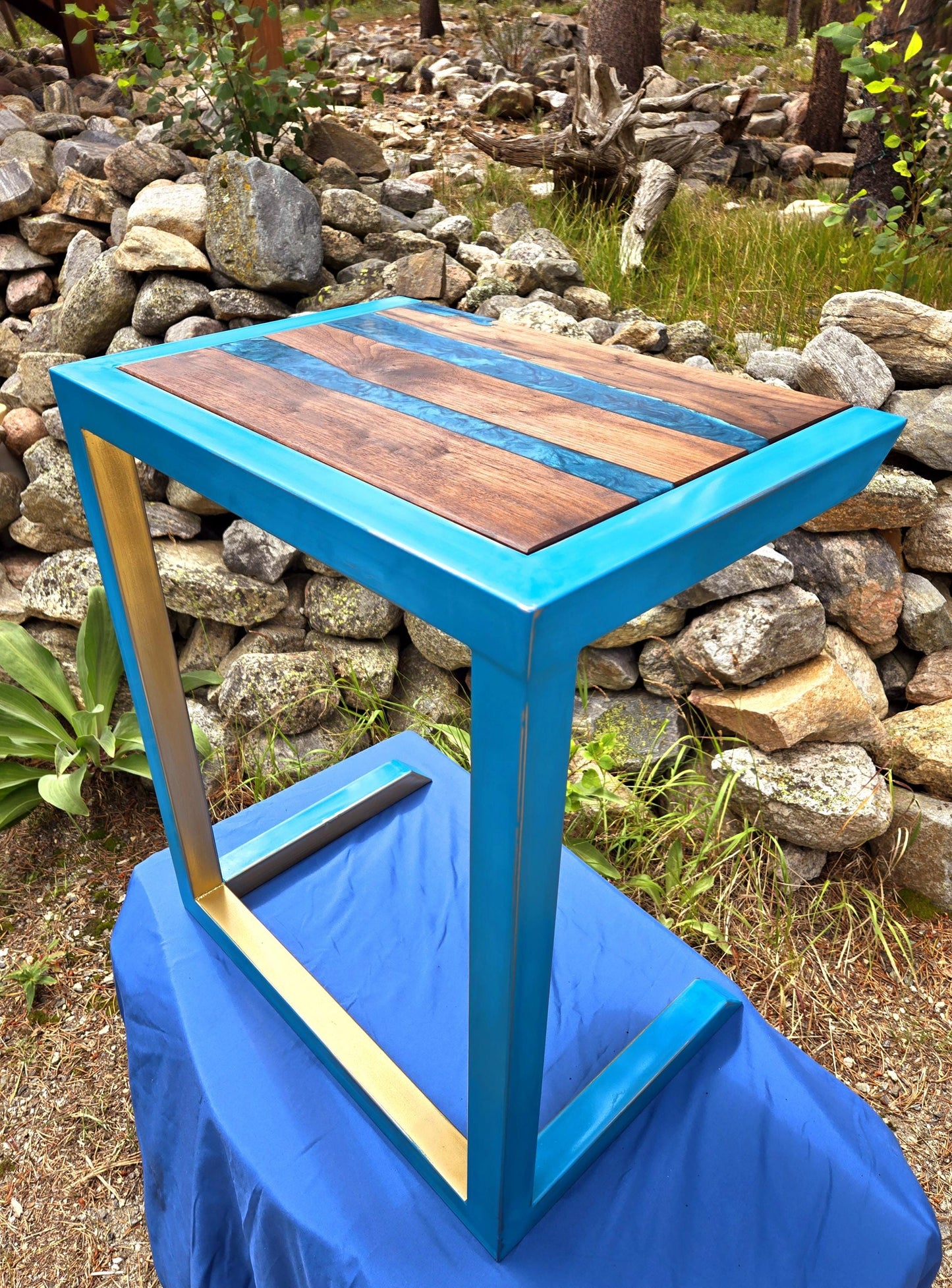 Custom C-Side Table w/ Walnut Wood and Colored Epoxy