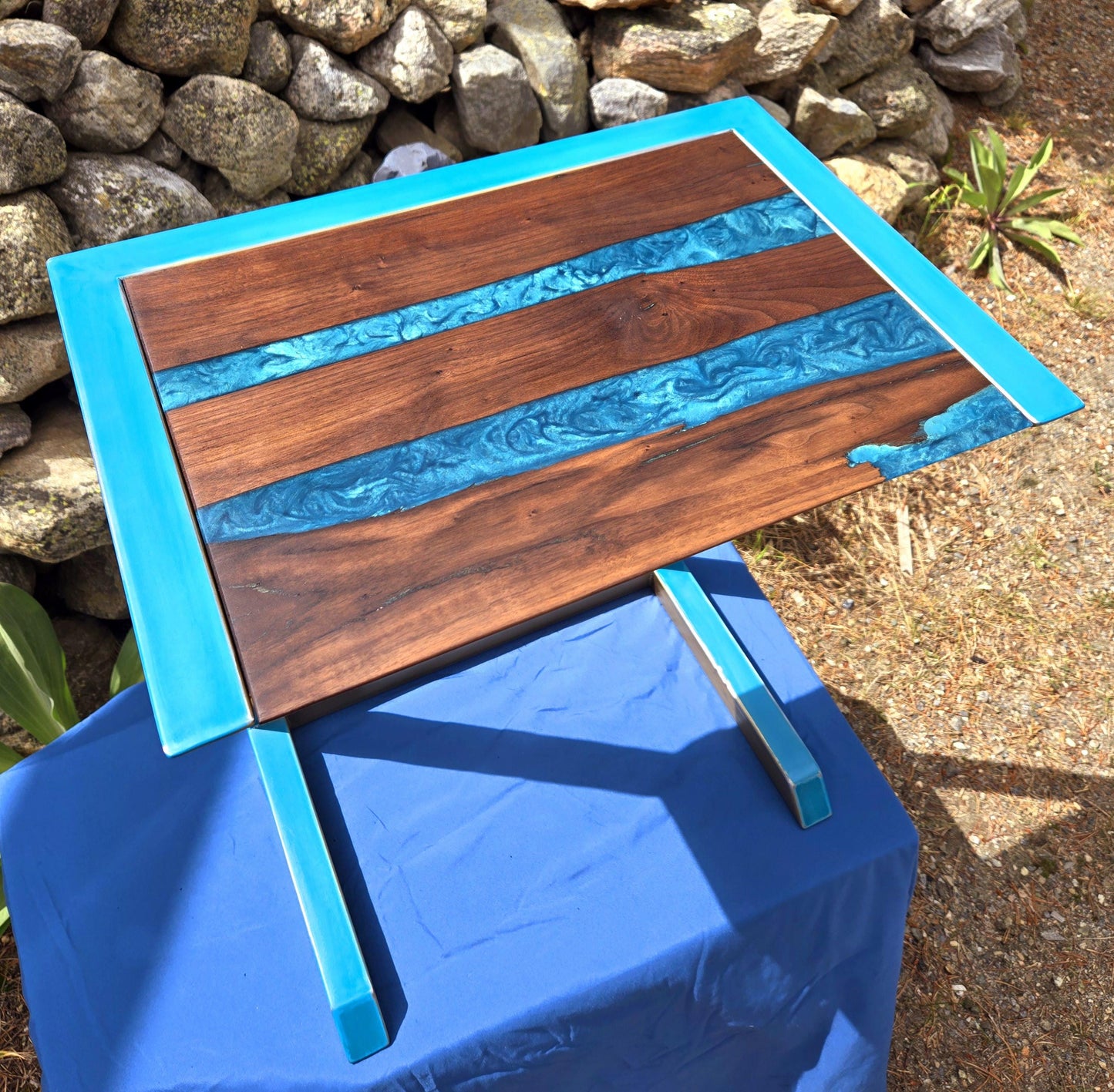 Custom C-Side Table w/ Walnut Wood and Colored Epoxy