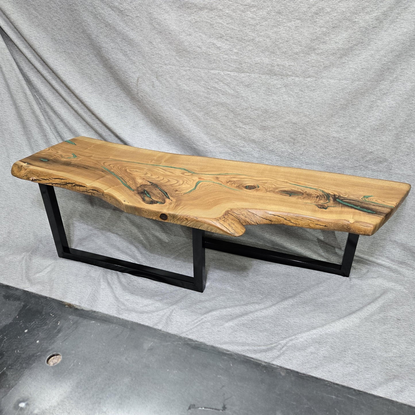 Live Edge Oak Coffee Table Golden Green Epoxy Gloss Black Legs