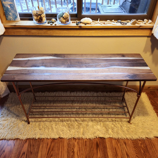 Wrought Iron & Walnut Entryway Table - Copper Opal Epoxy River Resin - Handmade in America