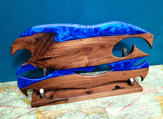 Ready to Ship! Ocean Blue Epoxy Resin Wave/Axe Art with American Black Walnut Wood and Display