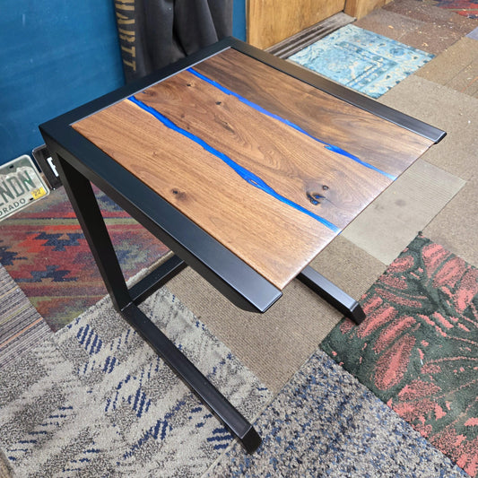 C-Side Table - Handmade Real Steel & American Walnut with Deep Sea Blue epoxy