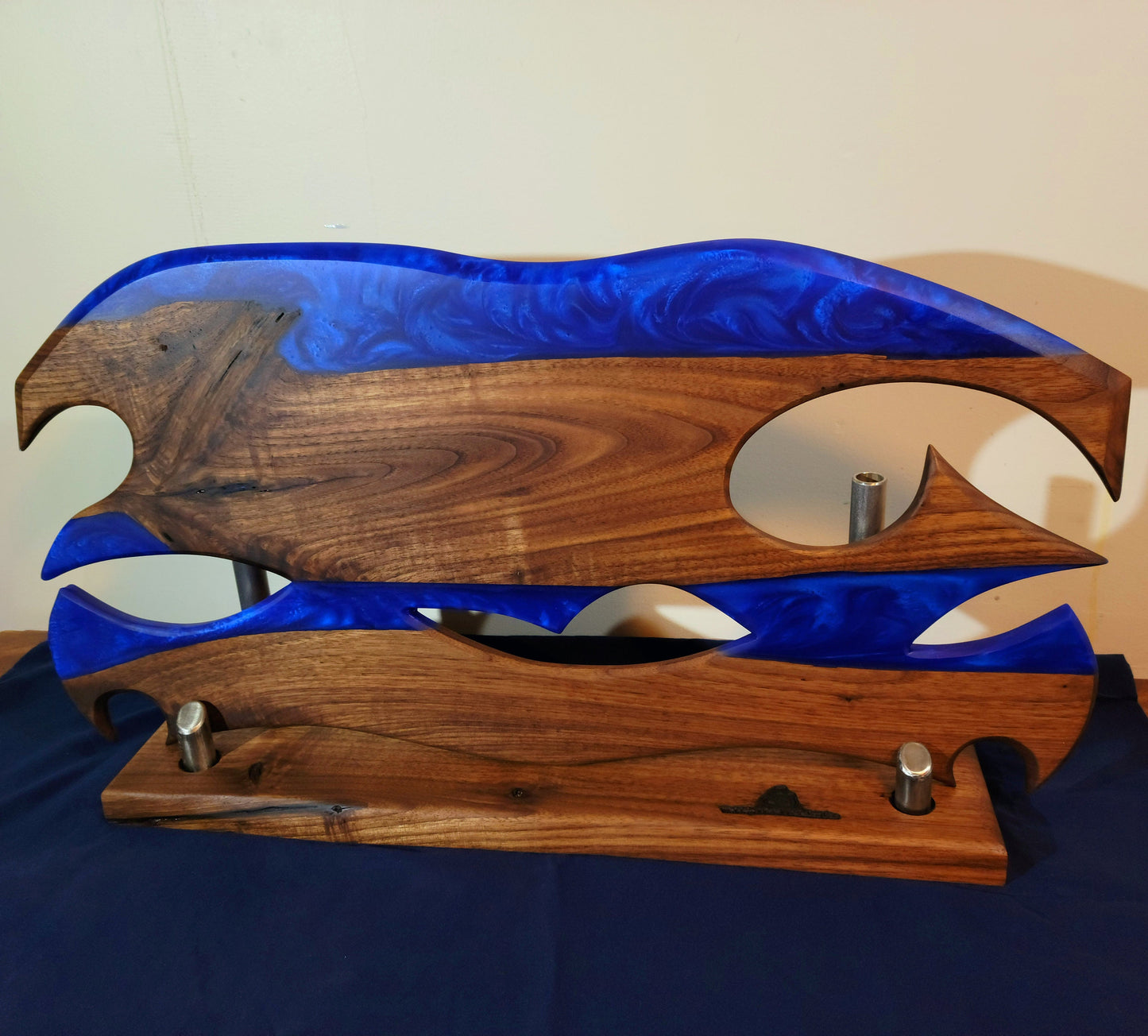 Ready to Ship! Ocean Blue Epoxy Resin Wave/Axe Art with American Black Walnut Wood and Display