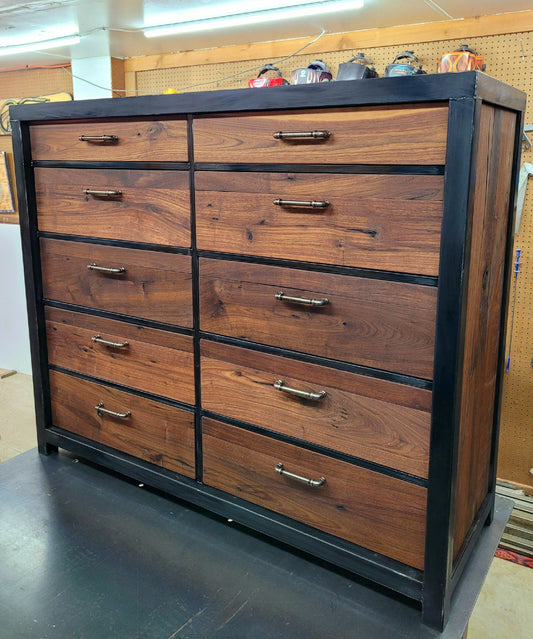 Custom Order! - Upright 10 Drawer Walnut/Steel Dresser - Handmade to Order