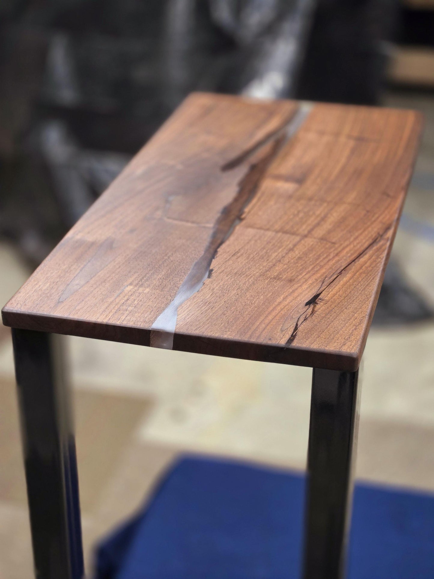 Clear Side Table - Handmade Real Steel & American Walnut with Ghost Copper epoxy