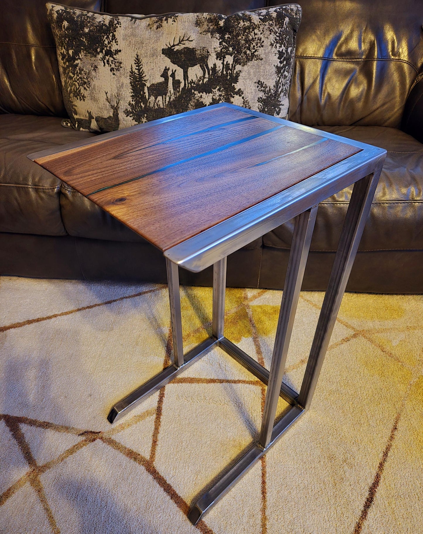C-Side Table - Handmade Real Steel & American Walnut with Emerald Epoxy