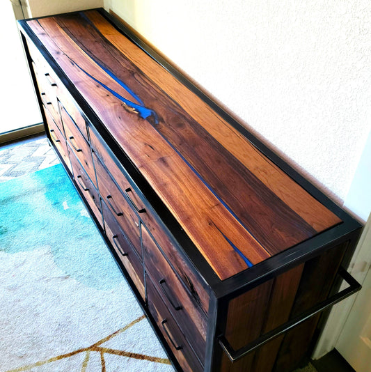 Custom Order 10 Drawer Walnut Dresser w/ Epoxy Inlay Modern Farmhouse Furniture