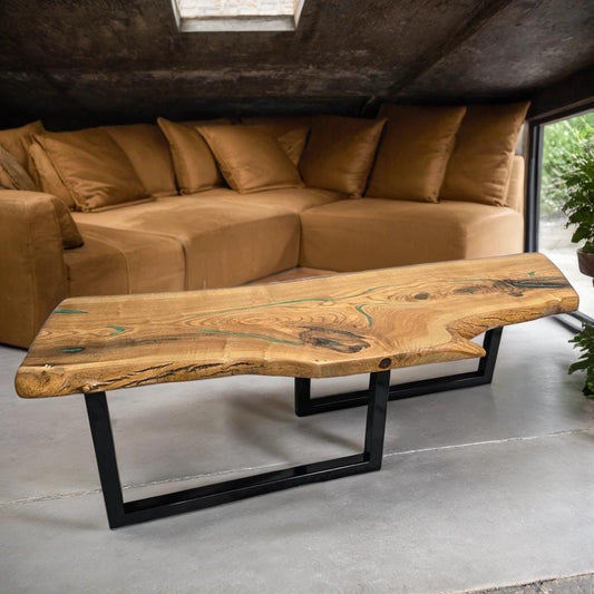 Live Edge Oak Coffee Table Golden Green Epoxy Gloss Black Legs