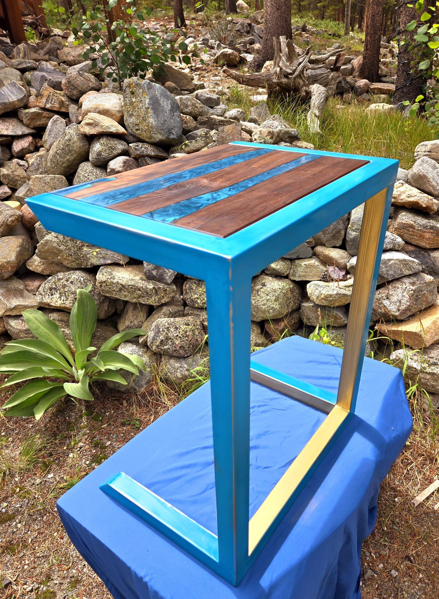 Custom C-Side Table w/ Walnut Wood and Colored Epoxy