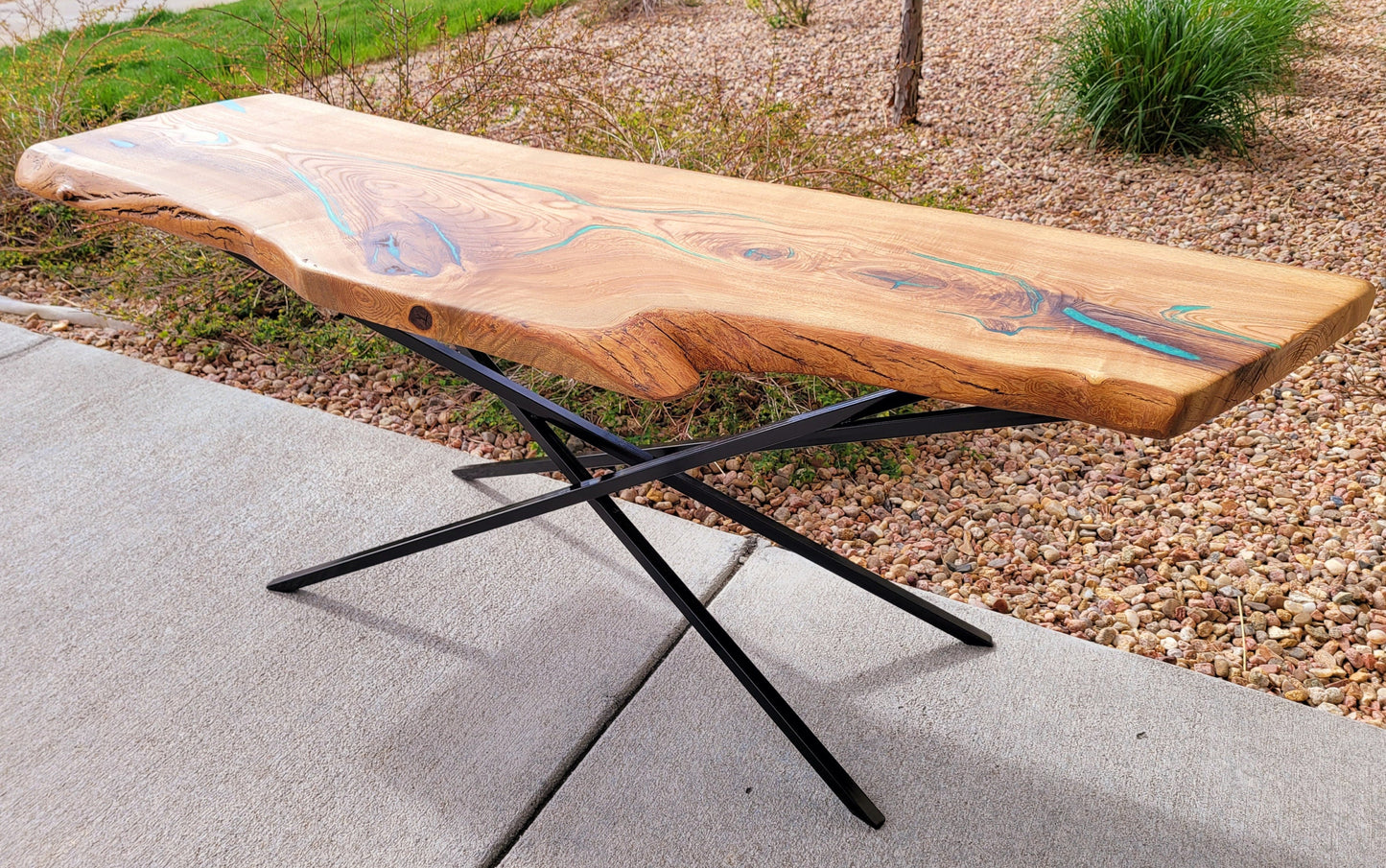 Ready to Ship! Cross Leg Table - White Oak Slab with Green Envy Epoxy