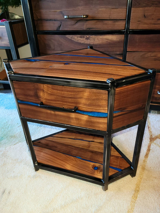 Custom Order Corner Table - 100% Handmade in Colorado - Black Walnut - Epoxy Inlay - Single Drawer