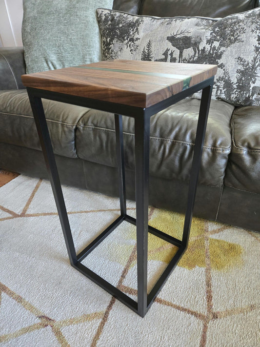 New Side Table - Handmade Real Steel & American Walnut with Moss Green Epoxy