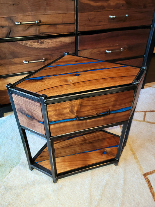 Custom Corner Table - 100% Handmade - Black Walnut - Iridescent Blue Epoxy Inlay - Single Drawer