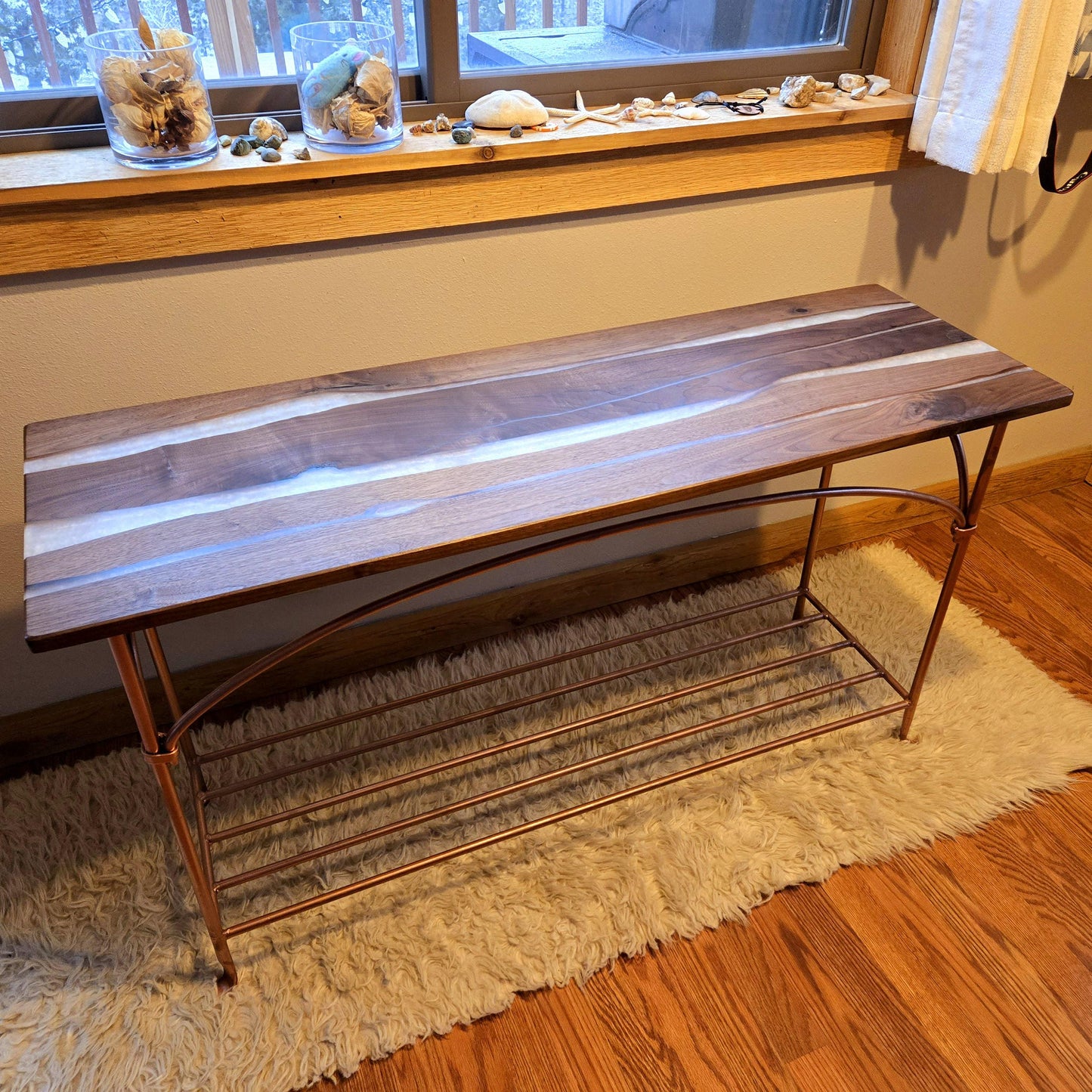 Wrought Iron & Walnut Entryway Table - Copper Opal Epoxy River Resin - Handmade in America