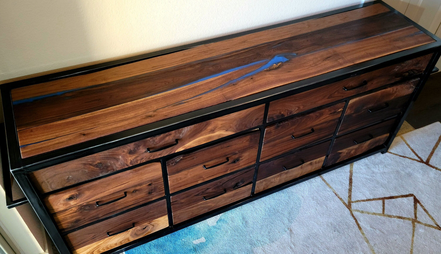 Custom Order 10 Drawer Walnut Dresser w/ Epoxy Inlay Modern Farmhouse Furniture
