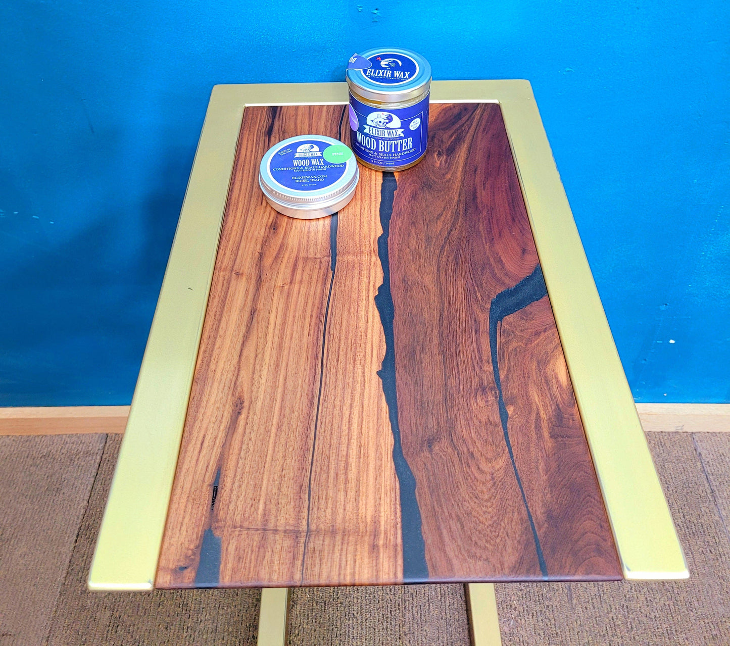 Made to Order! - Side Tables - Antique Gold with American Black Walnut & Colored Epoxy Inlay